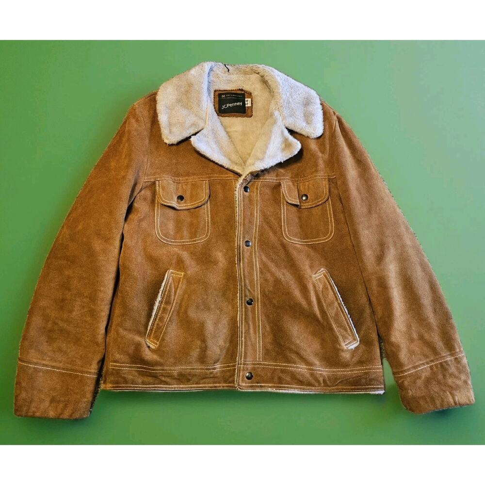 VTG JC Penney Mens Jacket 44L Tan Brown Suede Lined Trucker Western Workwear
